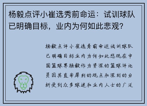 杨毅点评小崔选秀前命运：试训球队已明确目标，业内为何如此悲观？