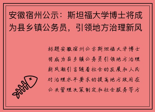 安徽宿州公示：斯坦福大学博士将成为县乡镇公务员，引领地方治理新风潮